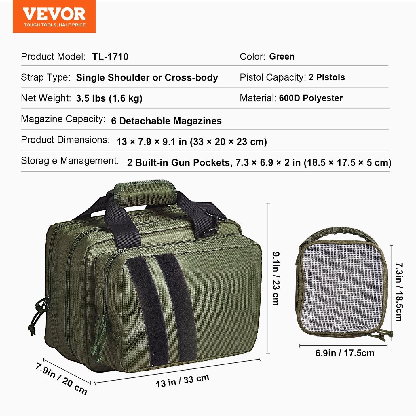 Tactical Range Bag with Dual Pistol Pockets and Adjustable Strap - Green