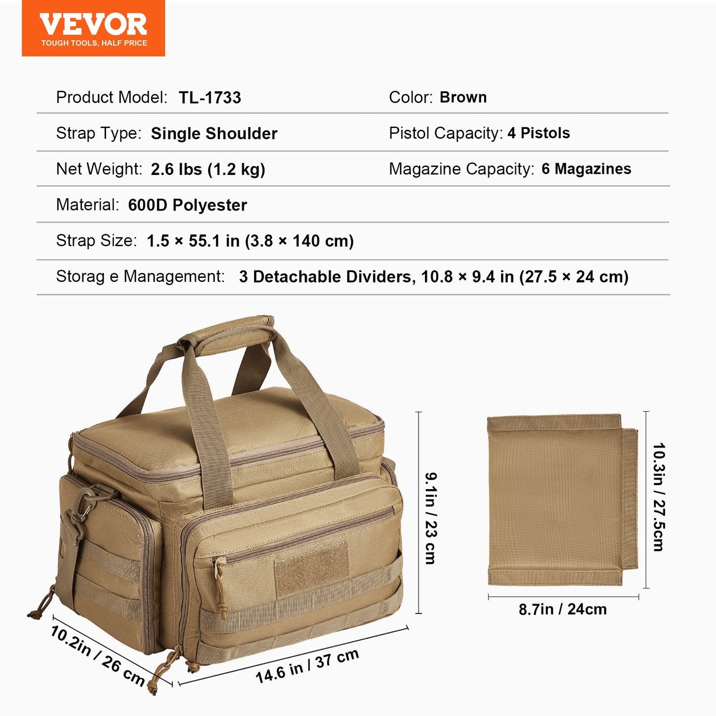 Soft Handgun Case for 4 Pistols with Shoulder Strap, Brown, 1.2 kg, 37×26×23 cm
