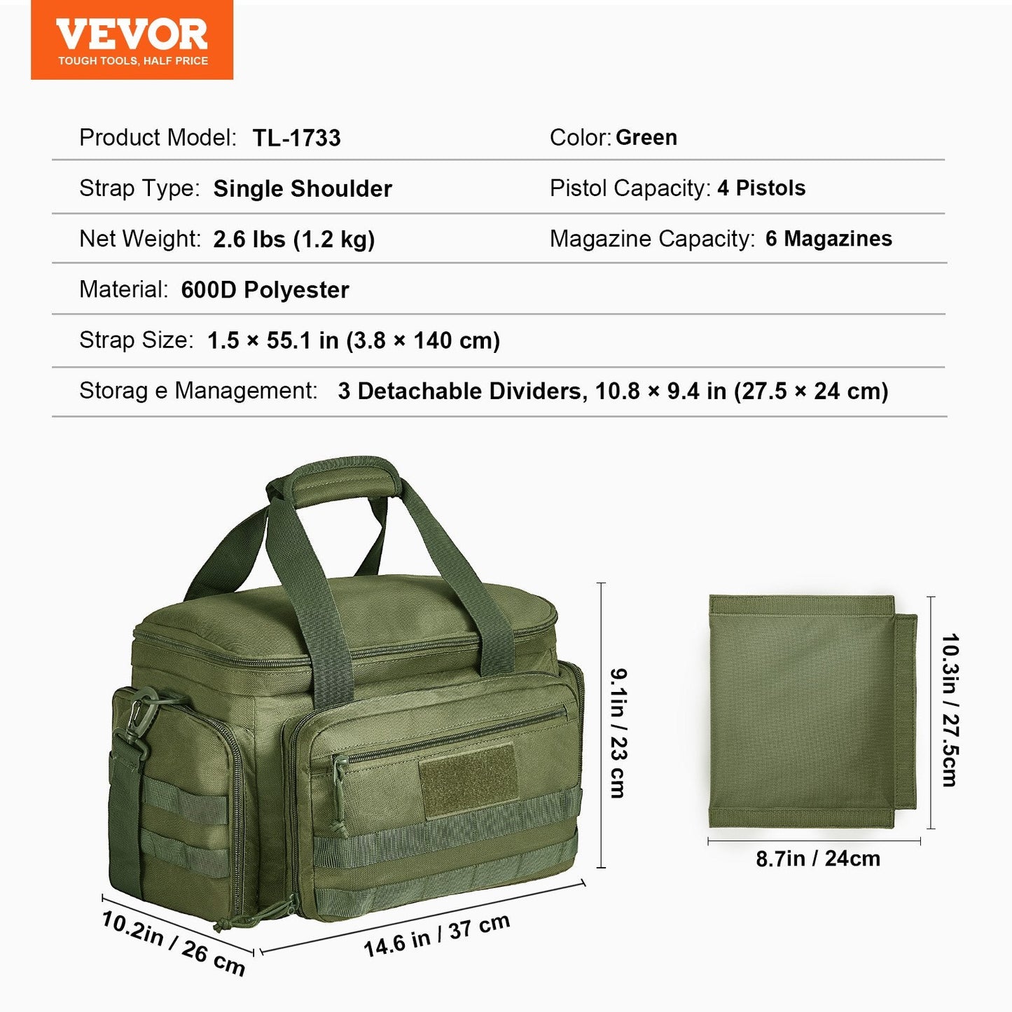 Soft Handgun Bag for 4 Pistols, Outdoor Shooting, Green, 1.2 kg, 600D Polyester