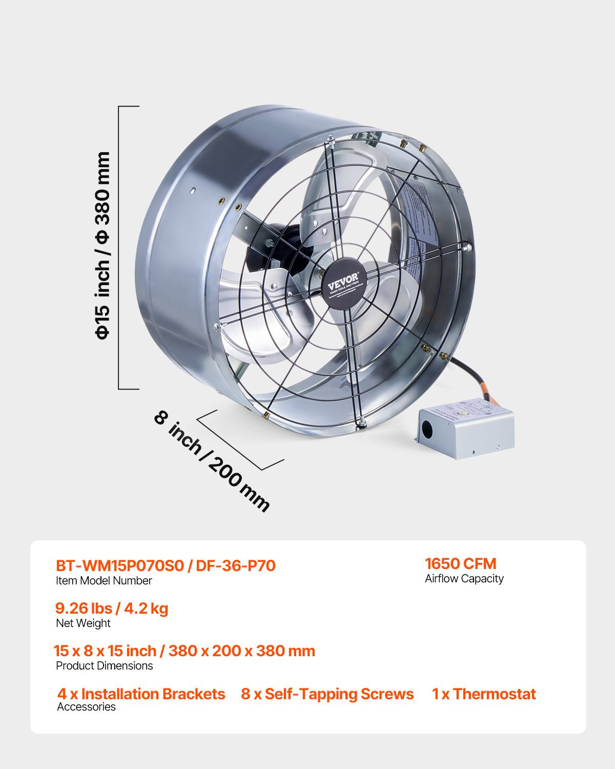 VEVOR 380 mm Gable Mount Fan 1300 CFM Attic Vent Fan with Adjustable Thermostat