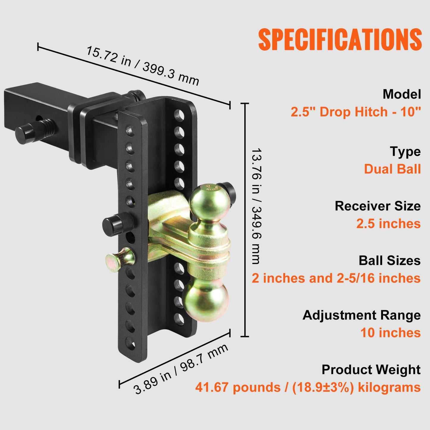 VEVOR Adjustable Trailer Hitch, 25 cm Drop & 21.59 cm Rise Hitch Ball Mount with