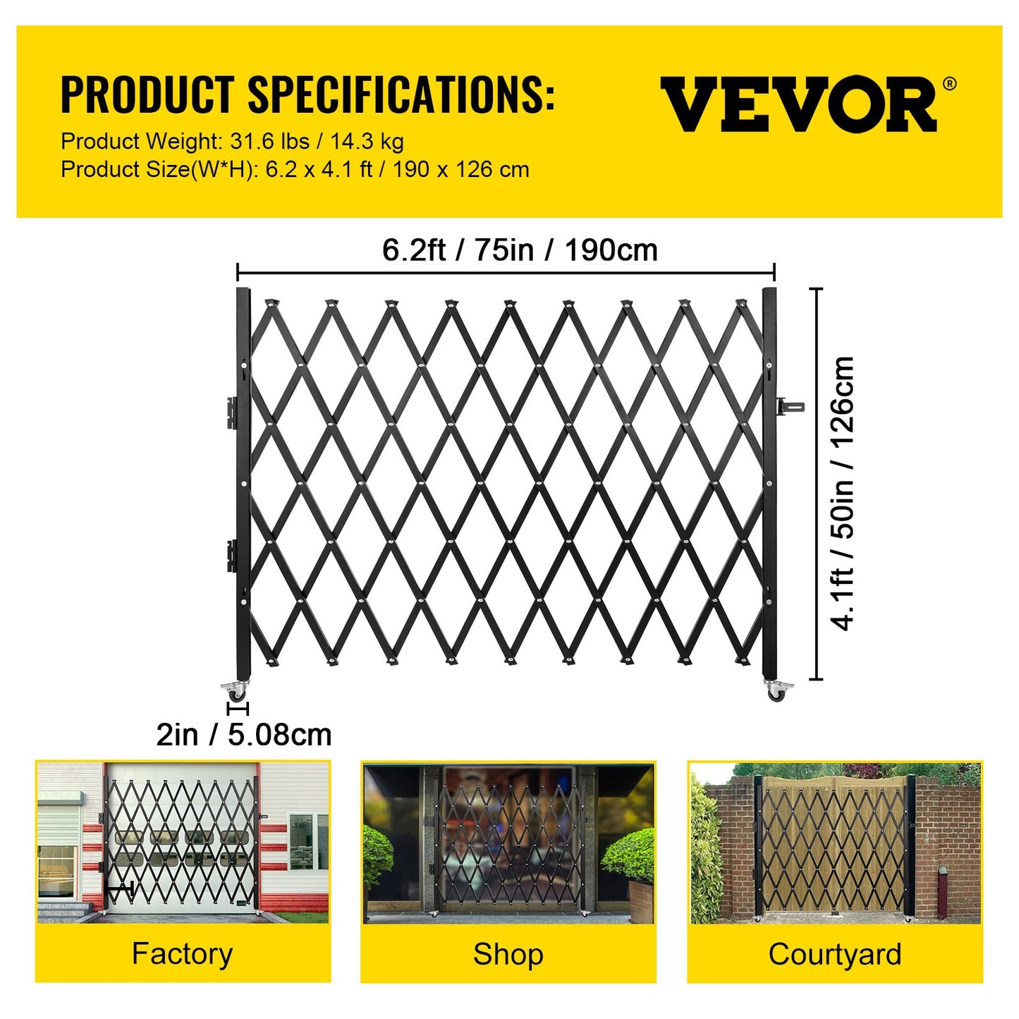 VEVOR Single Folding Security Gate Folding Door Gate 75"W x 50"H Scissor Gate