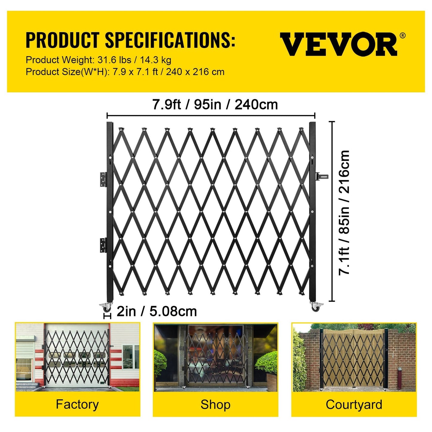 Steel Accordion Folding Security Gate, 7.9m x 2.4m, Black, Easy Install, 15.2kg
