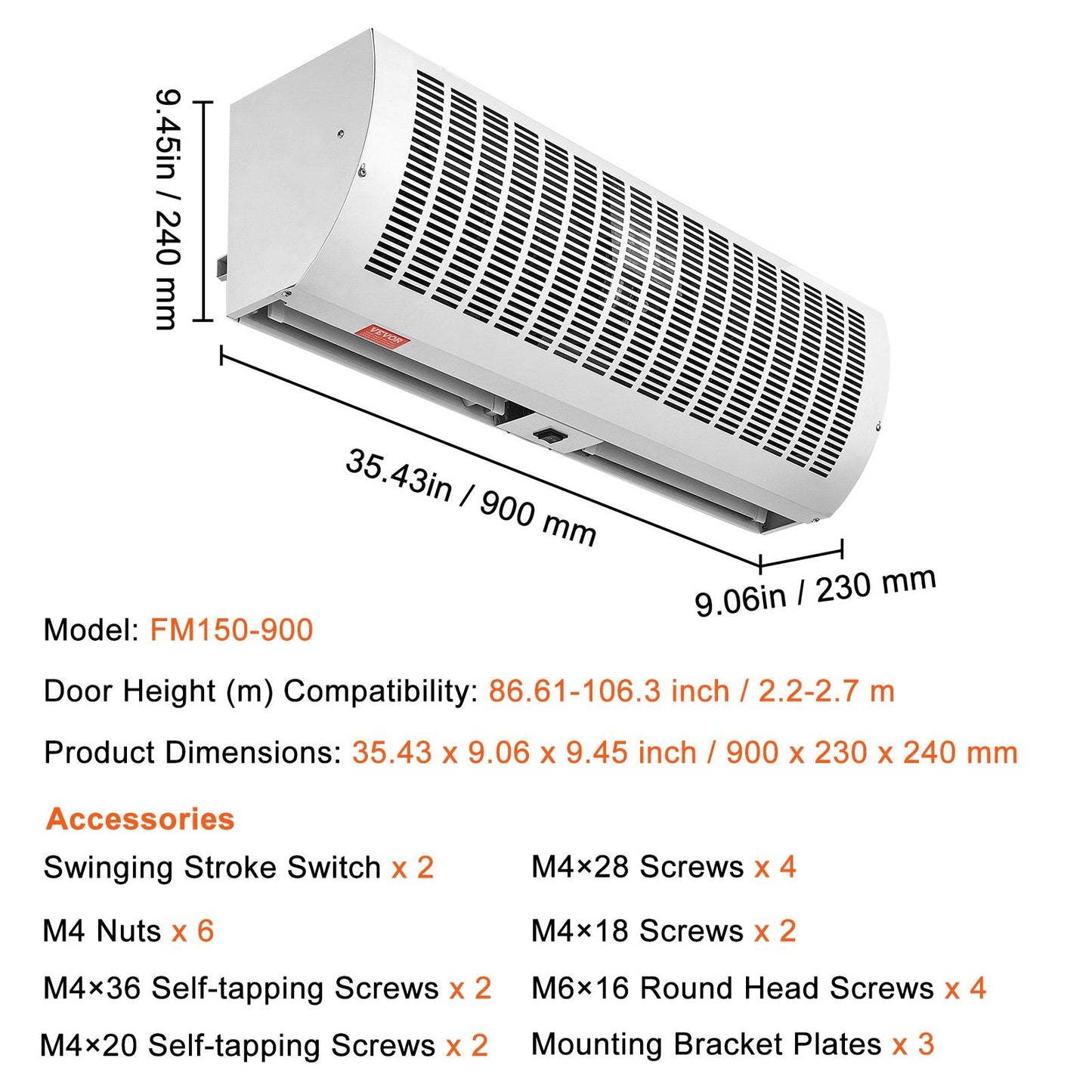 0.9m Indoor Air Curtain, 2 Speed, High Power, 2038 m³/h, UL Certified, Wall Mounted