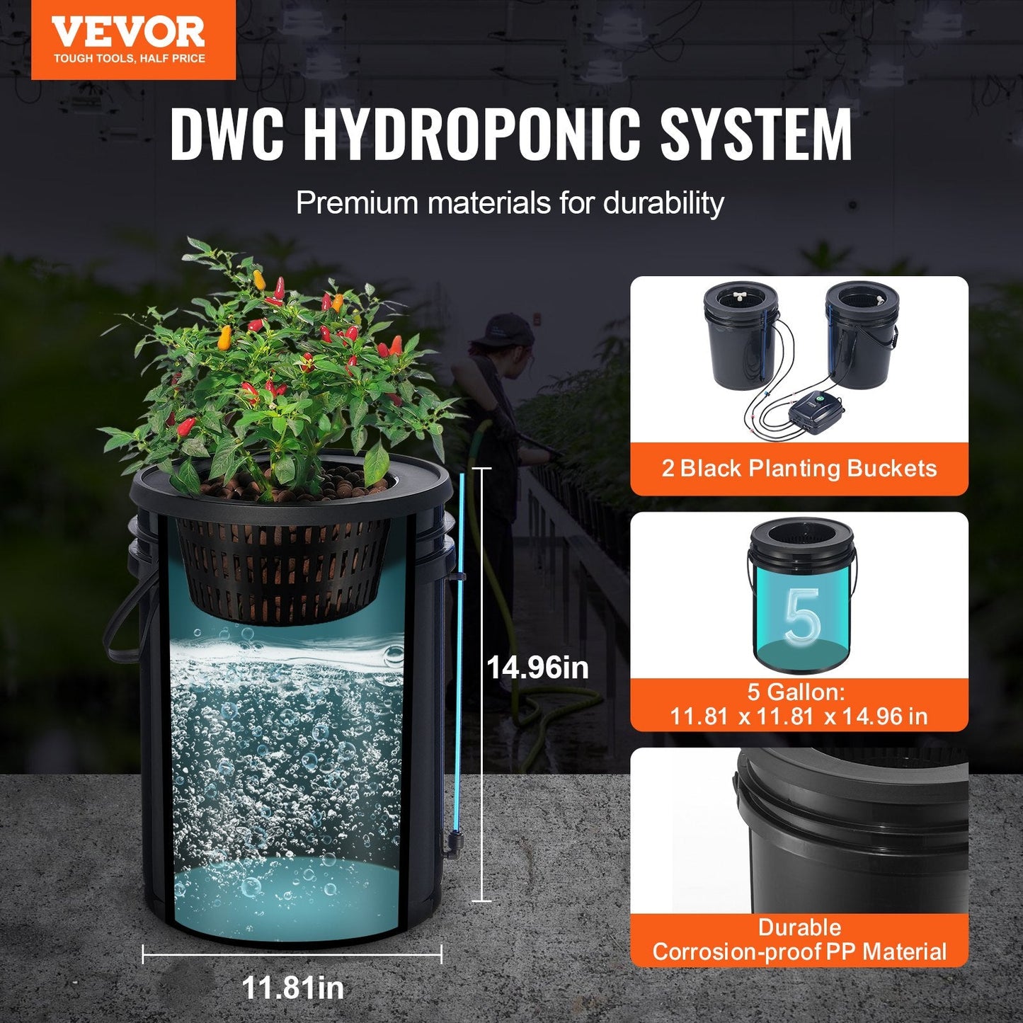 Hydroponic System with Drip Irrigation, 2 Buckets, 20L Capacity, 5 kg Weight