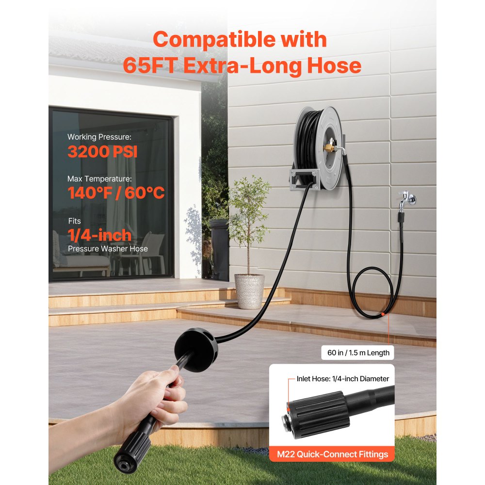 Pressure Washer Hose Reel 19.8m x 6.4mm Retractable 3200PSI Auto-Rewinding