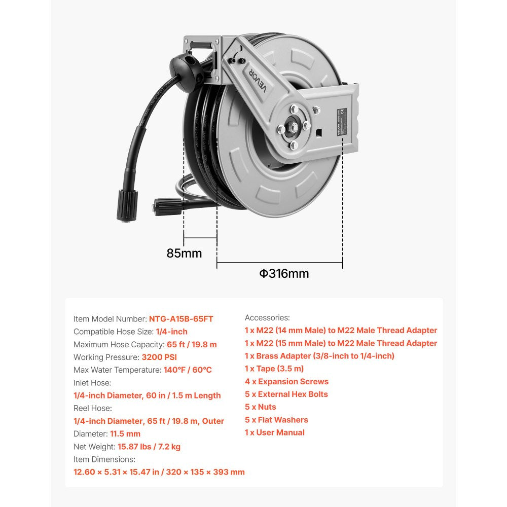 Pressure Washer Hose Reel 19.8m x 6.4mm Retractable 3200PSI Auto-Rewinding