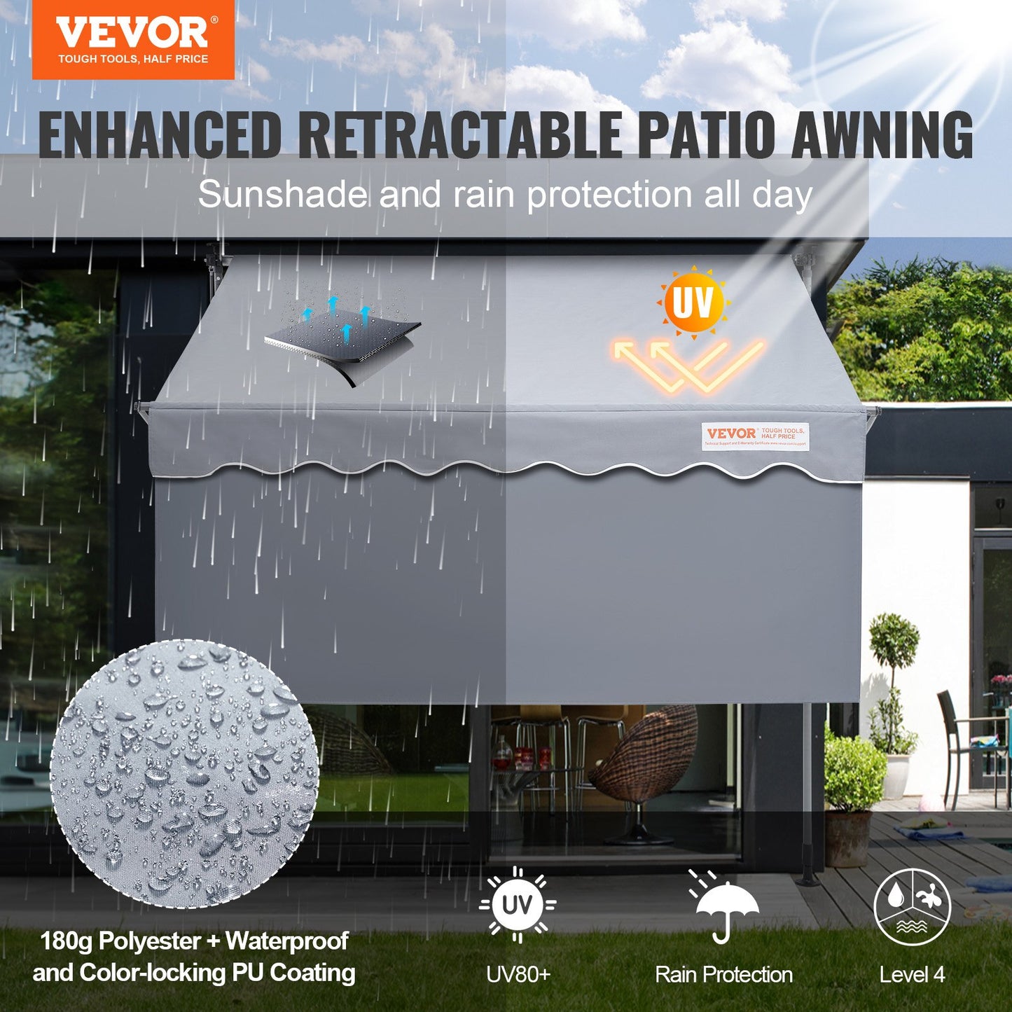 VEVOR Manual Retractable Awning, 3m Outdoor Retractable Patio Awning Sunshade Shelter,