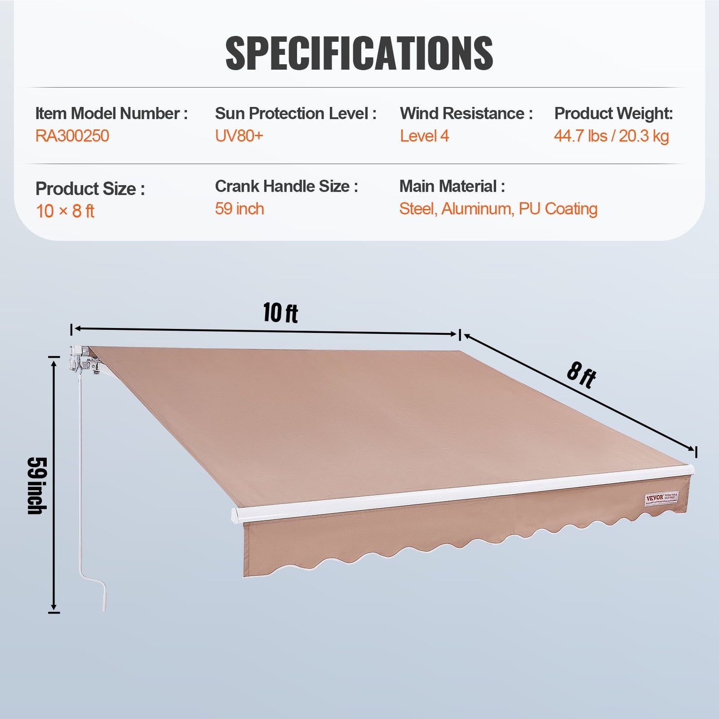 VEVOR Manual Retractable Awning, 3.05x2.44m Outdoor Patio Awning Retractable Sun