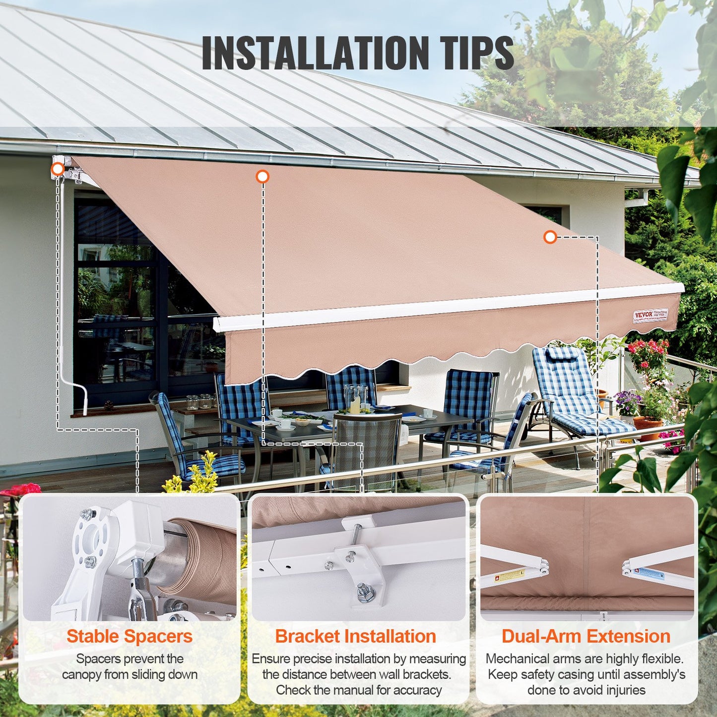 VEVOR Manual Retractable Awning, 2.44 x 2.13m Outdoor Patio Awning Retractable Sun
