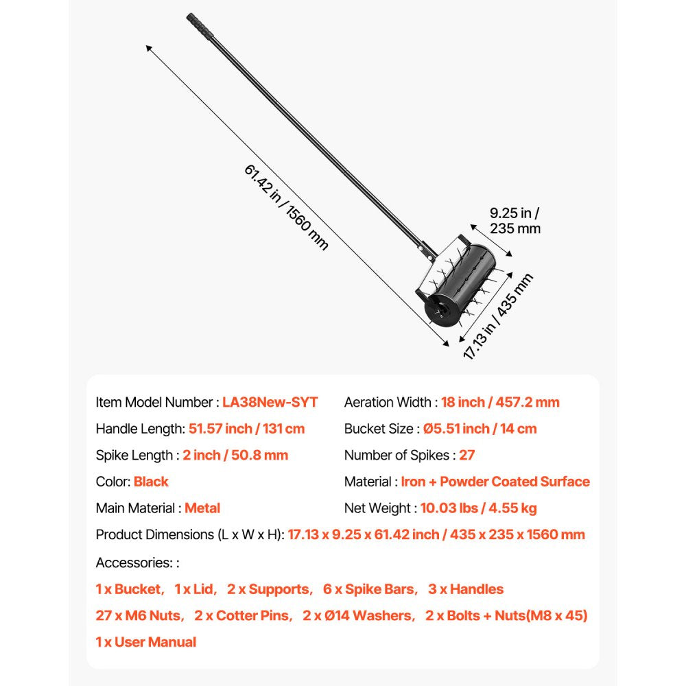 Rolling Lawn Aerator 45.7 cm Heavy-Duty Manual Rolling Aerator Lawn Black