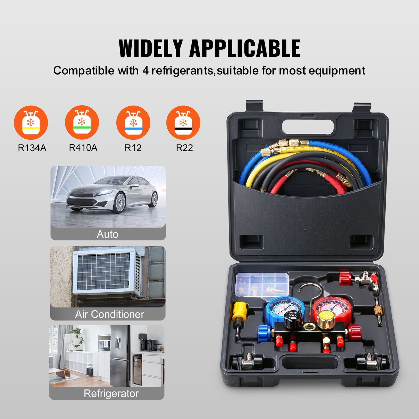 VEVOR AC Manifold Gauge Set 4-Way Fit R134A R22 R12 R502 Refrigeration Charging