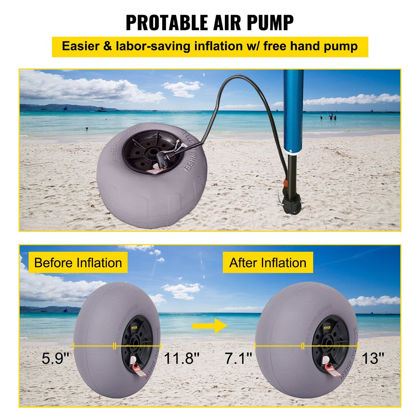 VEVOR Beach Balloon Wheels, 13" Replacement Sand Tires, TPU Cart Tires for Kayak