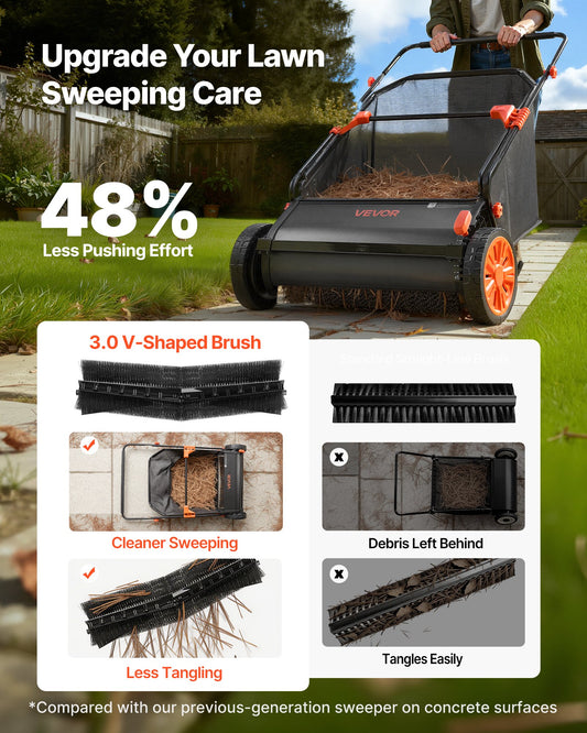Push Lawn Sweeper, 66 cm Leaf & Grass Collector with 7 cu. ft. Hopper Bag, Adjustable Brush Height & Spinning Brushes, Heavy Duty Yard Sweeper with Rubber Wheels for Leaves Grass Cleanup