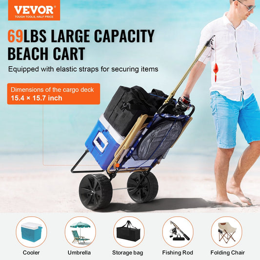 Folding sand cart features a 15x15.2 inch cargo deck for umbrellas, clothing, mats, and outdoor supplies