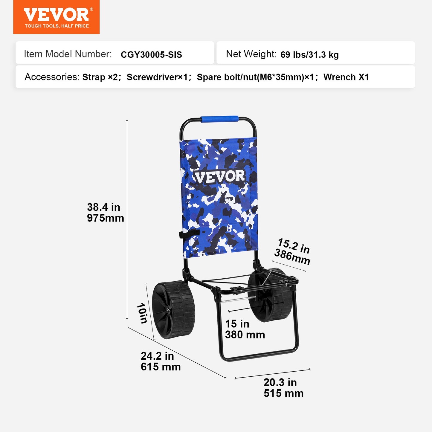VEVOR Beach Dolly with Big Wheels for Sand, 15.4" x 15.7" Cargo Deck, w/ 10" PE