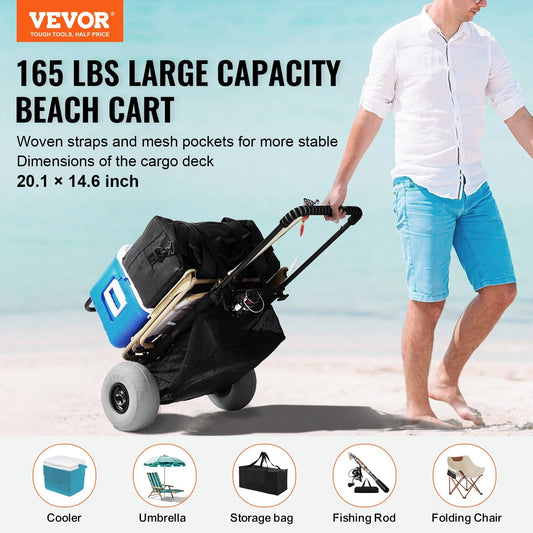 Heavy-duty folding sand wagon carries coolers, umbrellas, picnic mats, folding chairs, and beach supplies