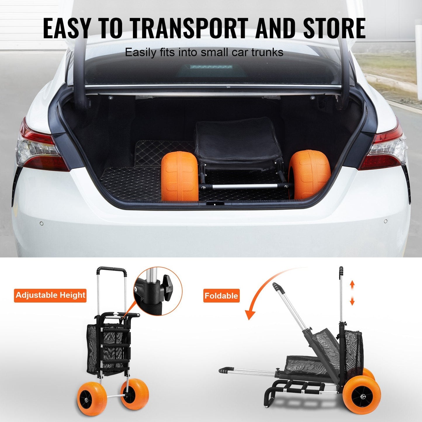 Heavy-Duty Beach Cart with Large Wheels, Adjustable Height, 75 kg Capacity