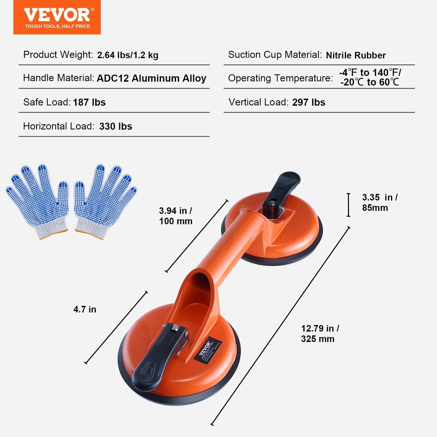 Heavy Duty Glass & Tile Lifter, 0.12m Suction Cups, 150kg Load Capacity, 2-Pack