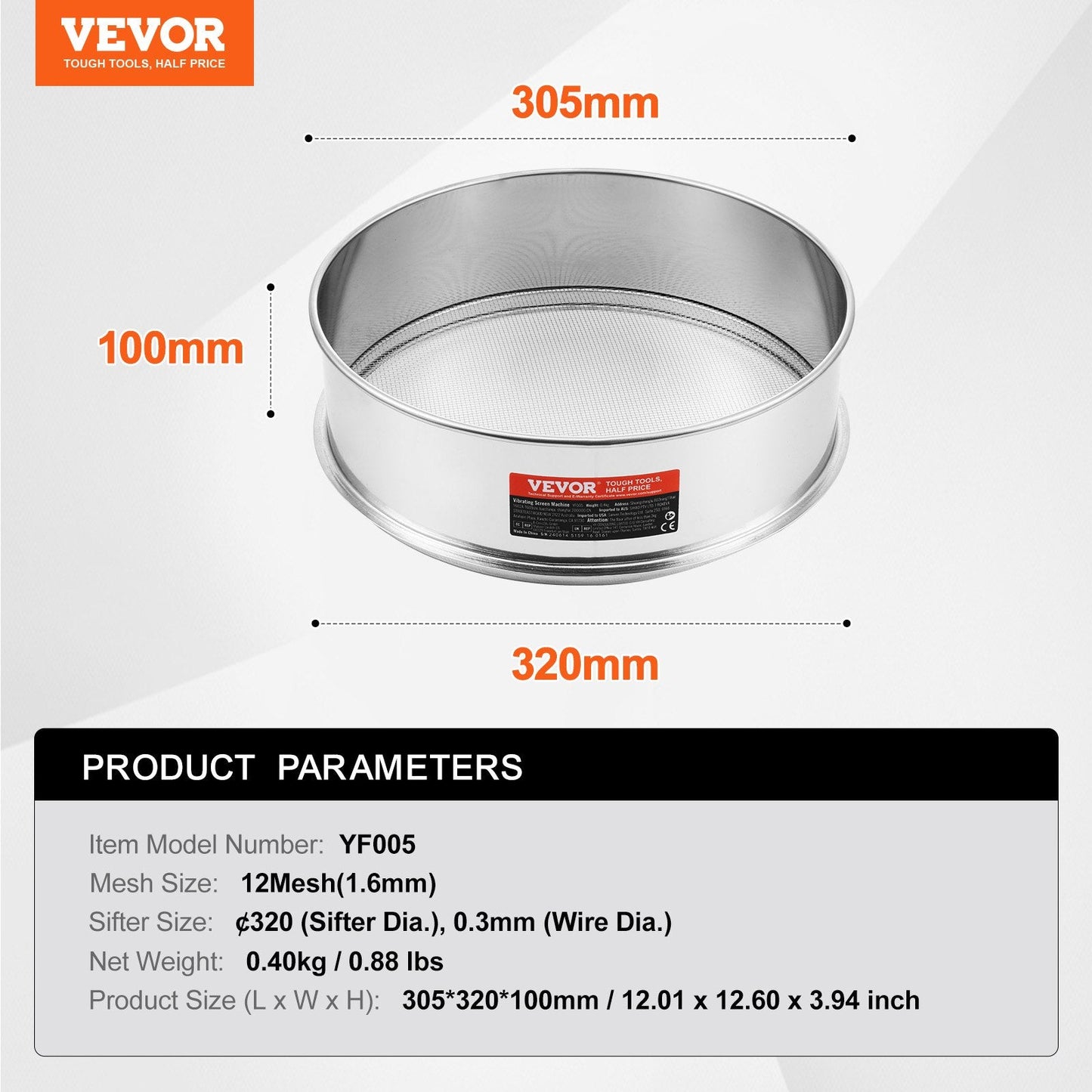 Stainless Steel Flour Sieve 12 Mesh for Baking, 0.32m Diameter, 0.4 kg Weight