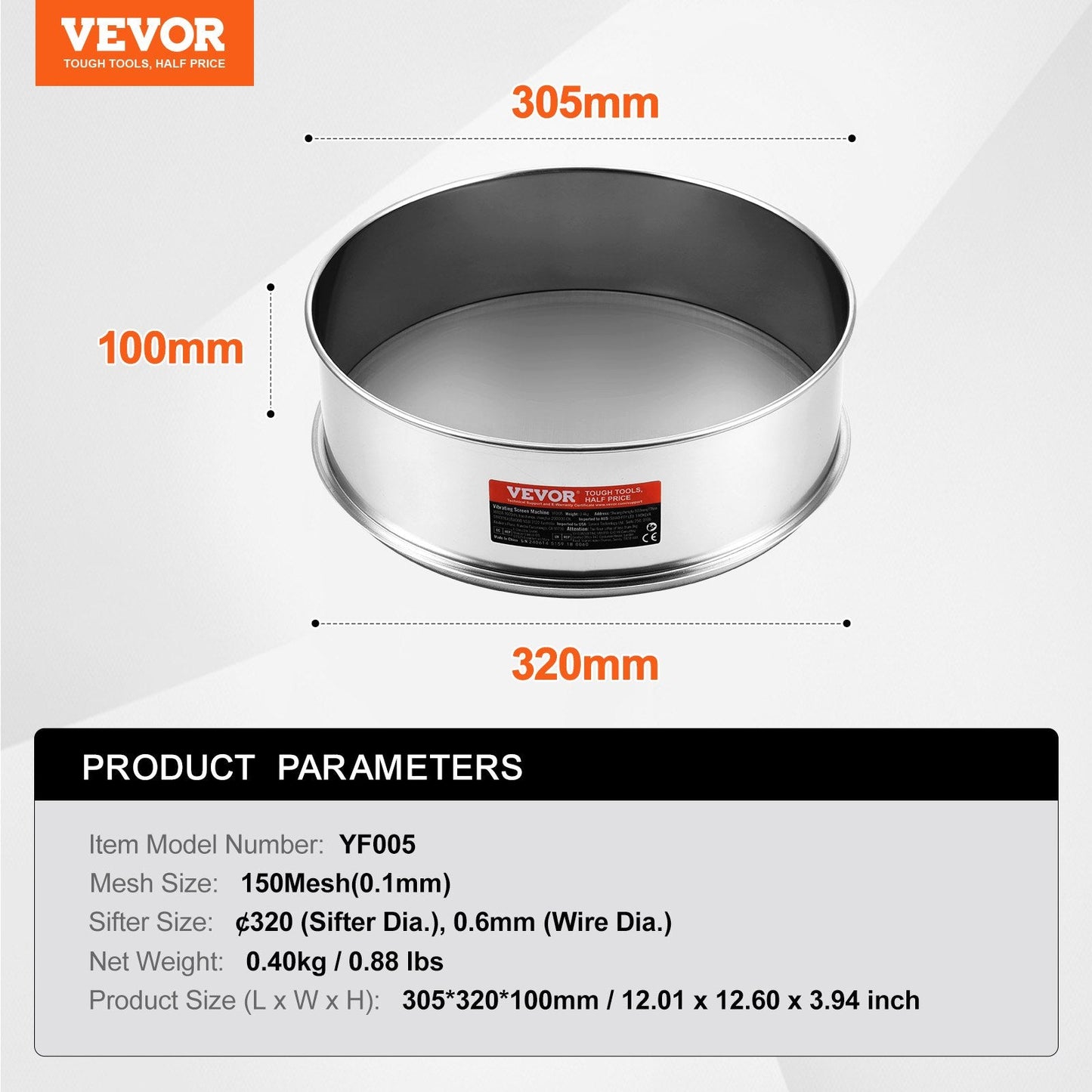 Fine Mesh Stainless Steel Flour Sifter, 150 Mesh, 0.4 kg, 320 mm Diameter