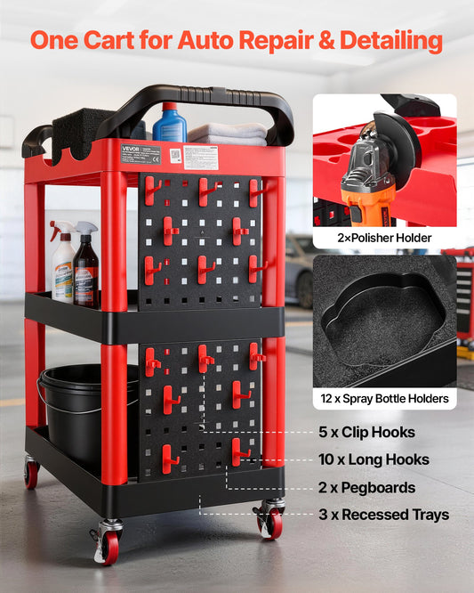 Utility Cart, 136 kg Capacity, 3 Tier Service Cart with 360° Swivel Wheels (2 with Brakes), Heavy Duty Plastic Rolling with Trays and Pegboards, Tool Storage for Garage, Warehouse & Repair Shop