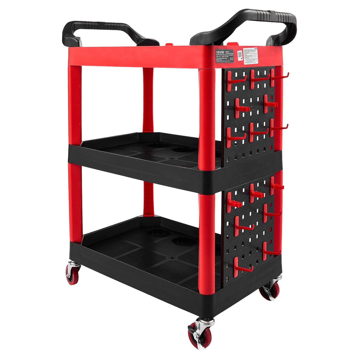 Utility Cart, 136 kg Capacity, 3 Tier Service Cart with 360° Swivel Wheels (2 with Brakes), Heavy Duty Plastic Rolling with Trays and Pegboards, Tool Storage for Garage, Warehouse & Repair Shop
