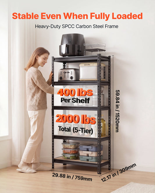 Storage Shelves, 5-Tier Adjustable, 907.2 kg Capacity, Heavy Duty Garage Storage Shelving Unit, Metal Utility Rack Shelf, for Kitchen Pantry Basement Bathroom, 759 mm W x 309 mm D x 1520 mm H