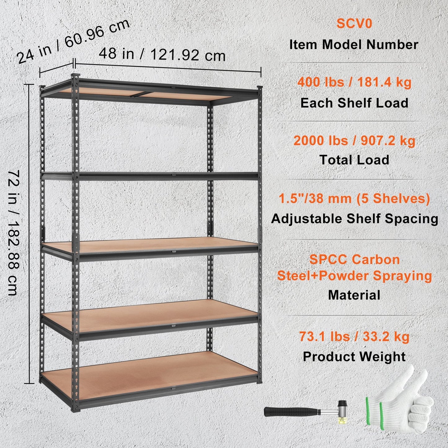 5-Tier Adjustable Heavy Duty Metal Shelving Unit, 907 kg, 1.2 x 0.6 x 1.8 m