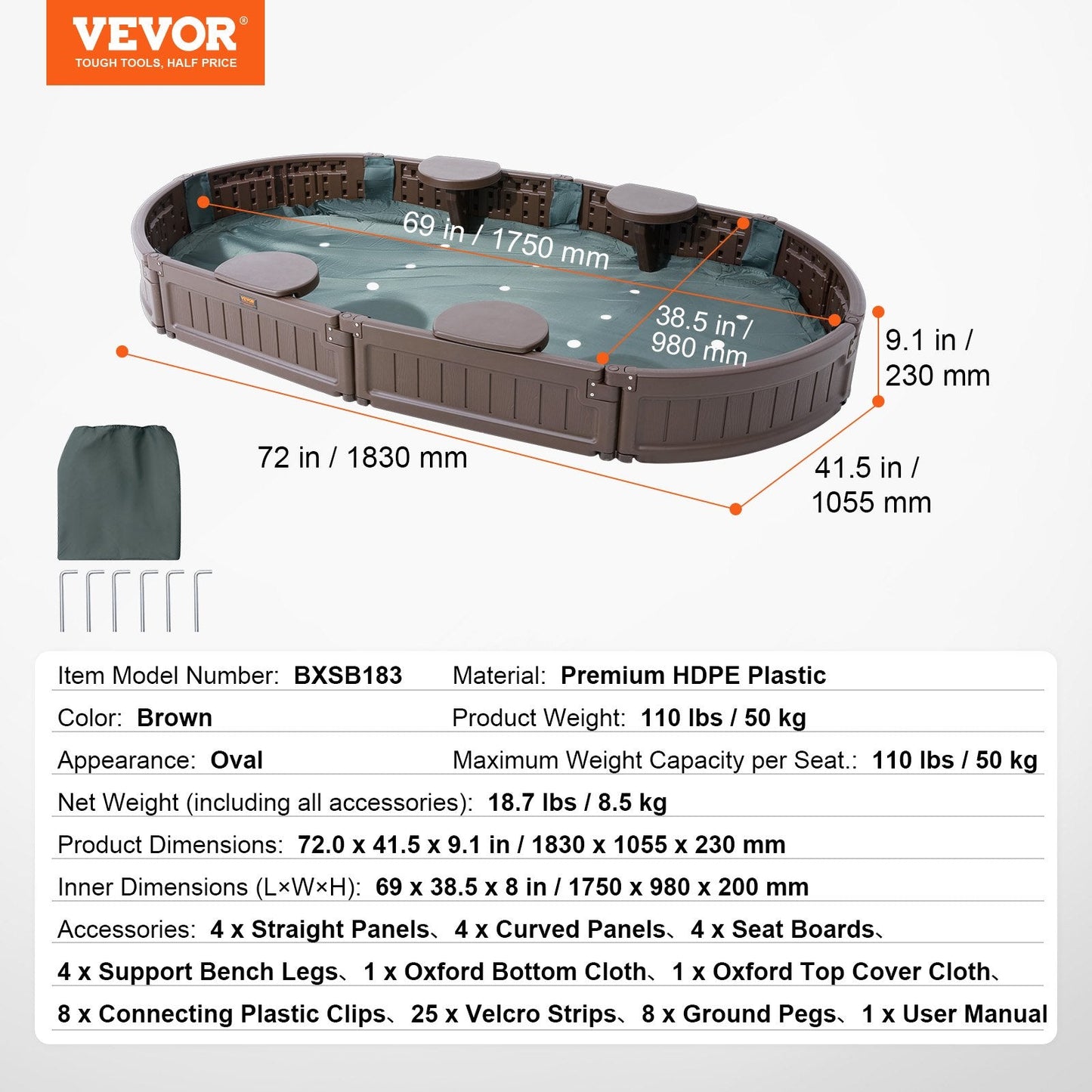 Oval Sandbox with Cover & Seats, HDPE Plastic, 1.83 x 1.06 x 0.23 m, Brown