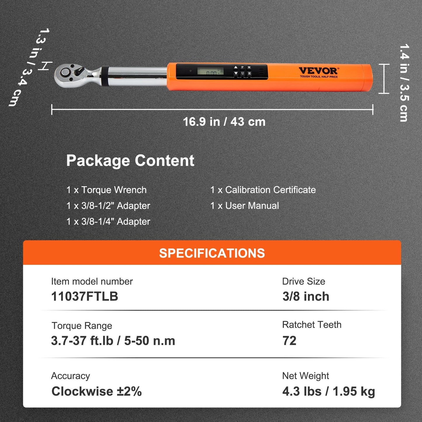 Digital Electronic Torque Wrench Set, 3/8" Drive, 5-50 Nm, LED & Sound Alert