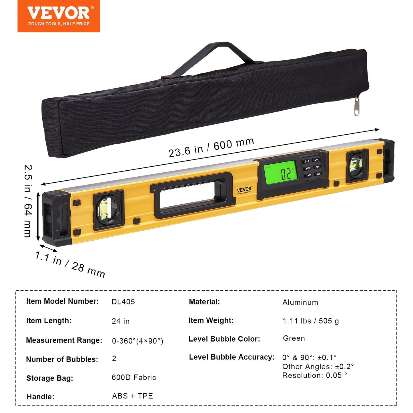 Magnetic Torpedo Level - 0.6m, LED Screen, 360° Gravity Sensor, Aluminum Tool