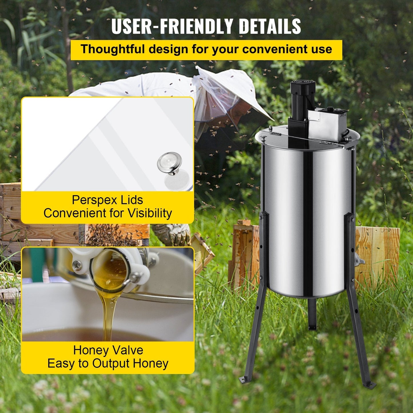 Electric Honey Extractor, Stainless Steel, 3/6 Frame, with Sturdy 3-Leg Design