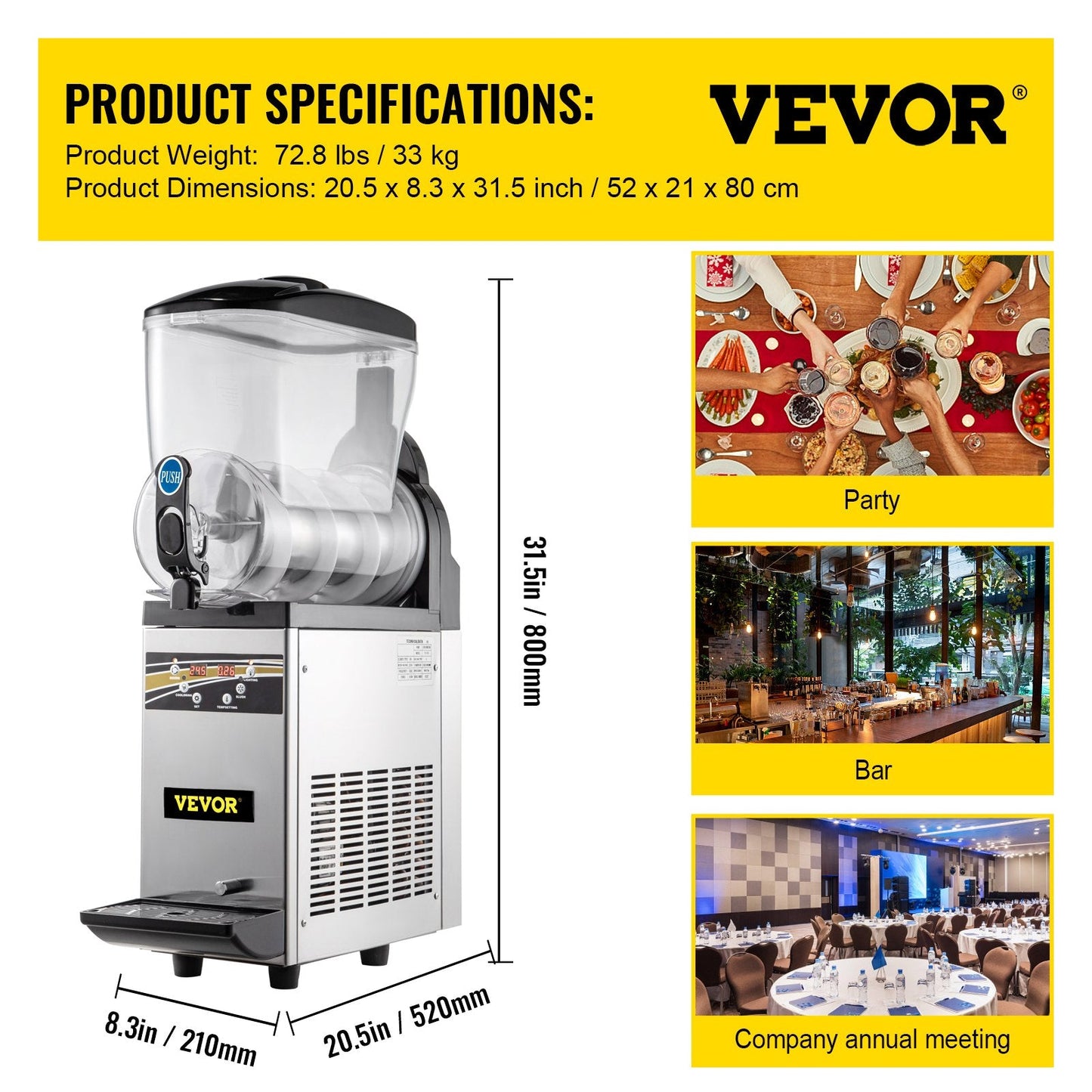 Commercial 15L Margarita Slush Machine, 500W Stainless Steel, 33 kg, 220V