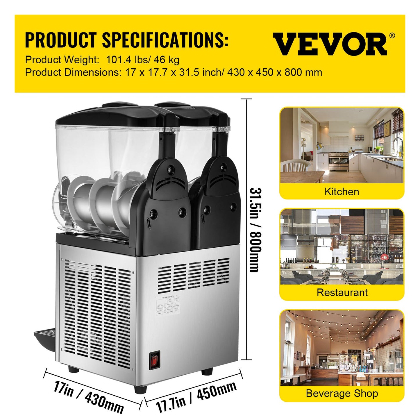 VEVOR Commercial Slush Machine Margarita Slush Maker 2x15L Frozen Drink Machine