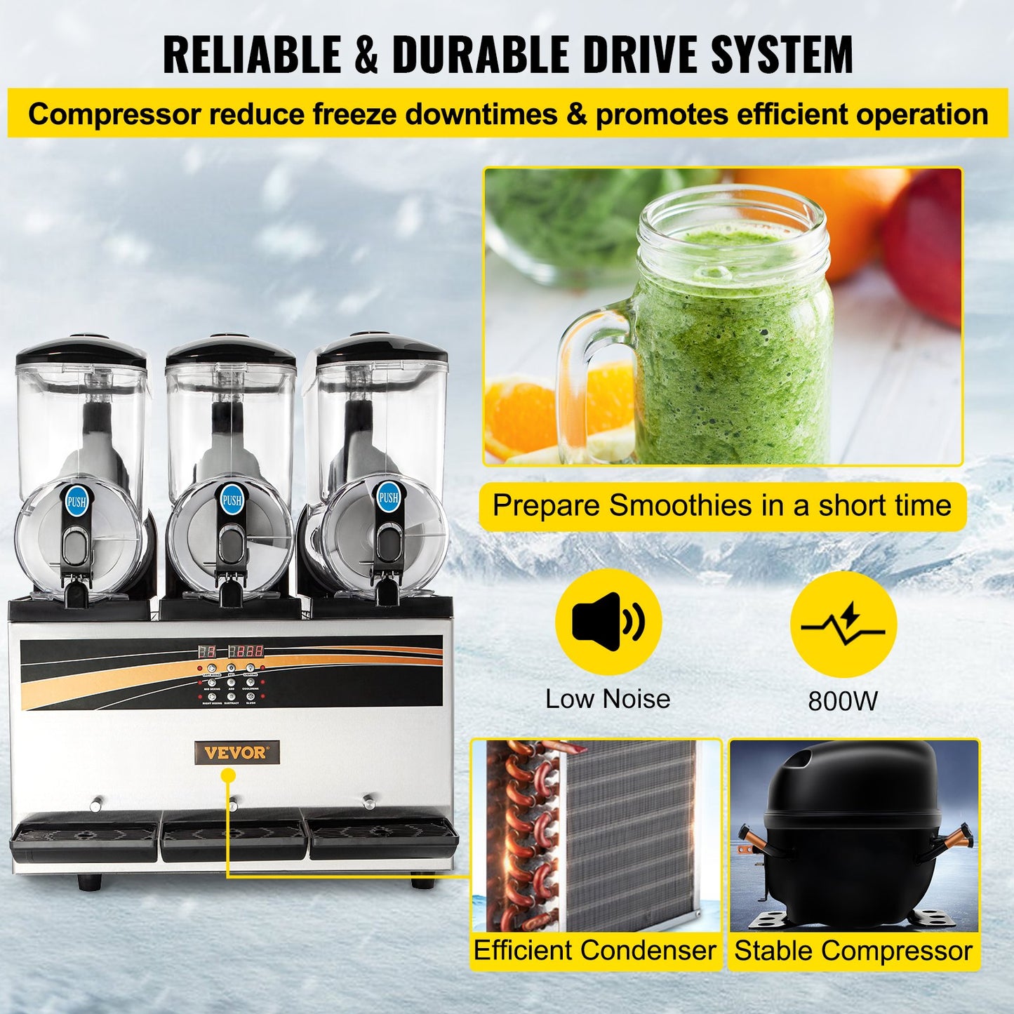 VEVOR Slush Frozen Drink Machine, 3x15L Tank Commercial Margarita Machine, 800W