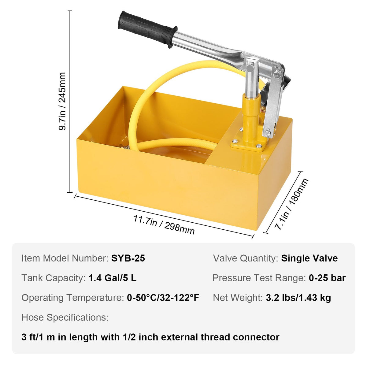 Rust-resistant painted iron tank helps protect the manual pressure testing pump from corrosion and daily wear