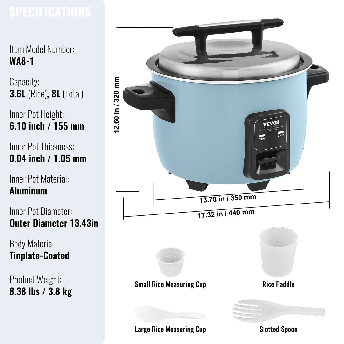 Commercial 8L Rice Cooker with Non-Stick Pot and 24H Keep-Warm Function