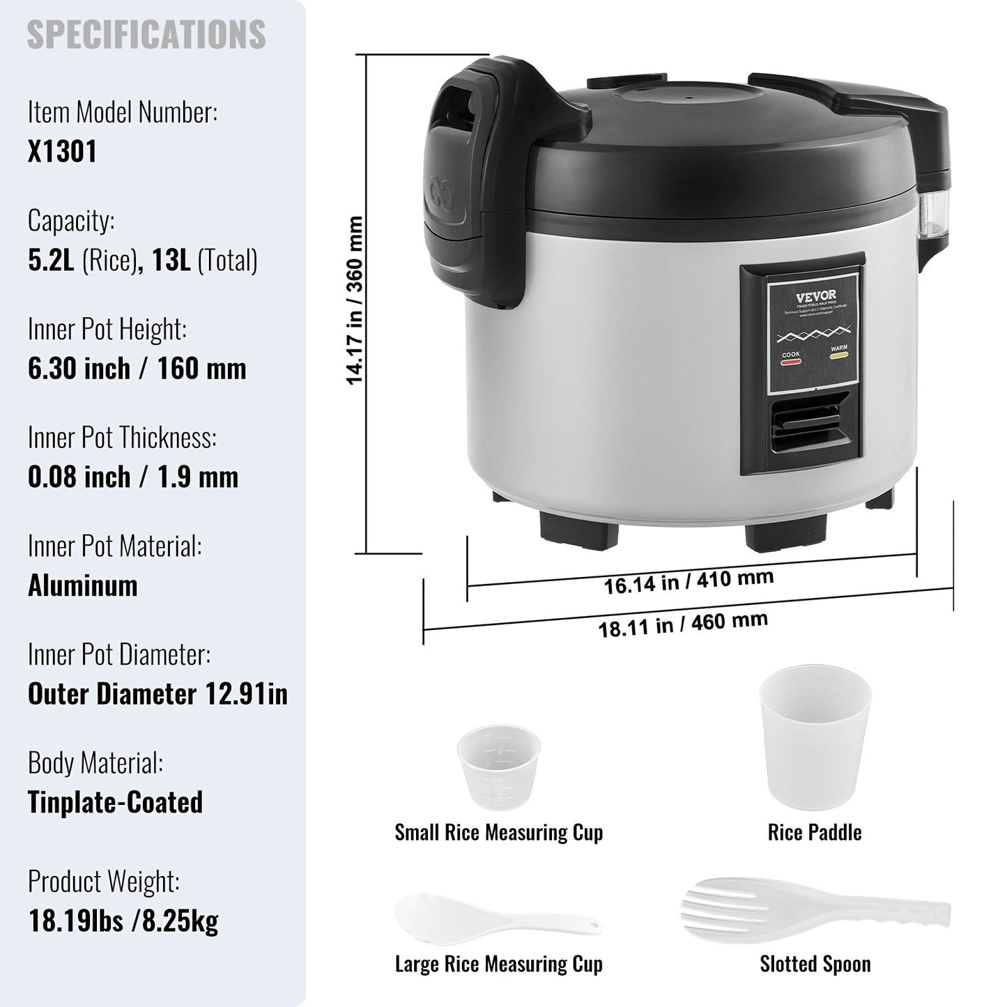 Commercial Rice Cooker 13L, Non-Stick, 12-Hour Warm, User-Friendly Design