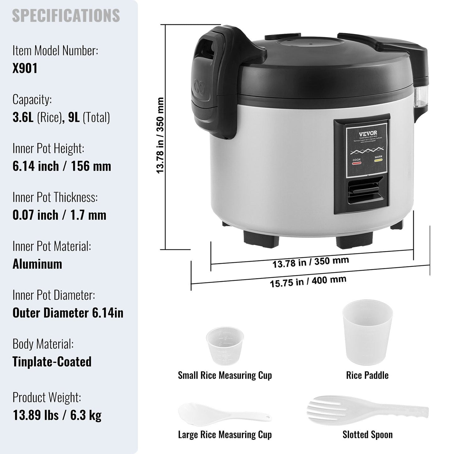 Commercial Rice Cooker, 9L Capacity, 12-Hour Keep-Warm, Non-Stick Pot