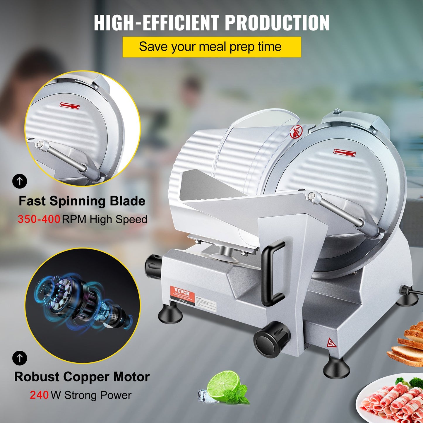 VEVOR Commercial Meat Slicer, 240W Electric Deli Food Slicer, 10 inch Carbon Steel