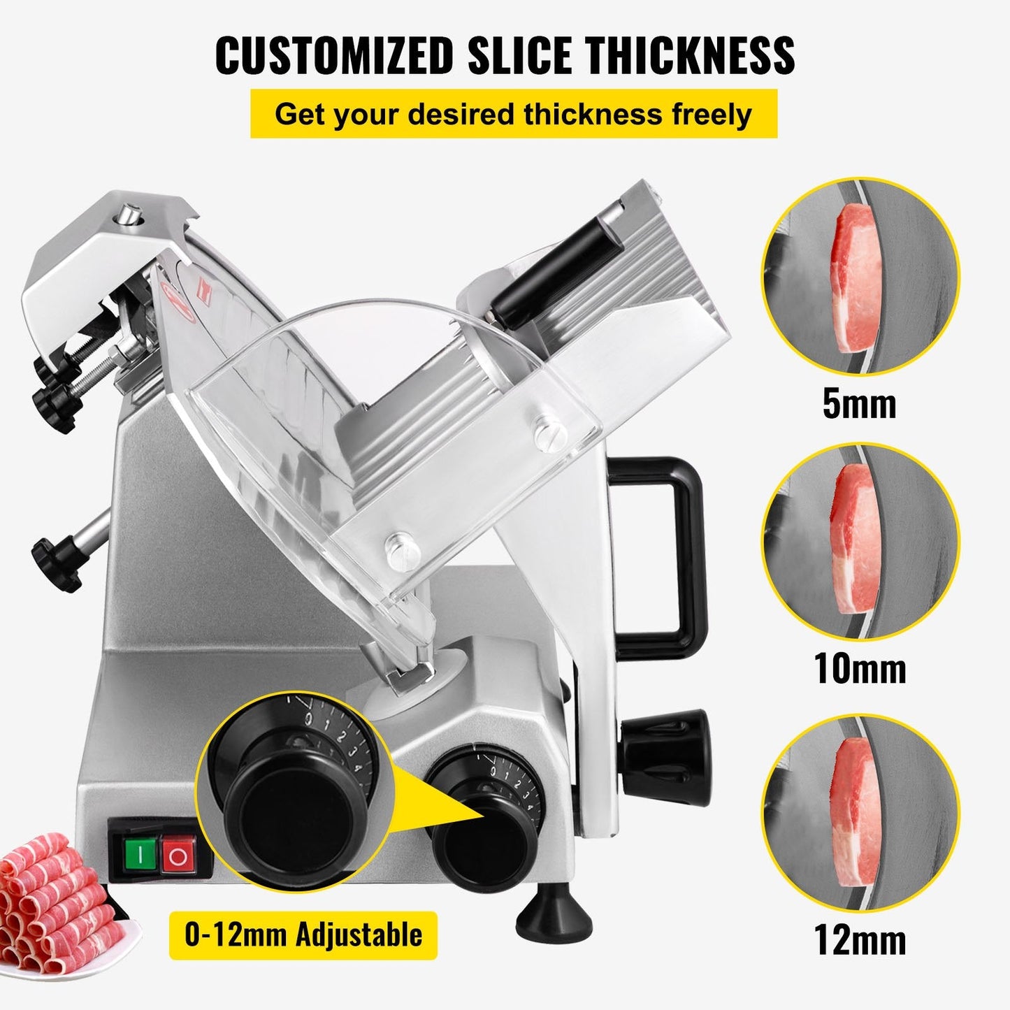 Electric Meat Slicer, 200W, 350-400RPM with 0-12mm Adjustable Thickness Blade