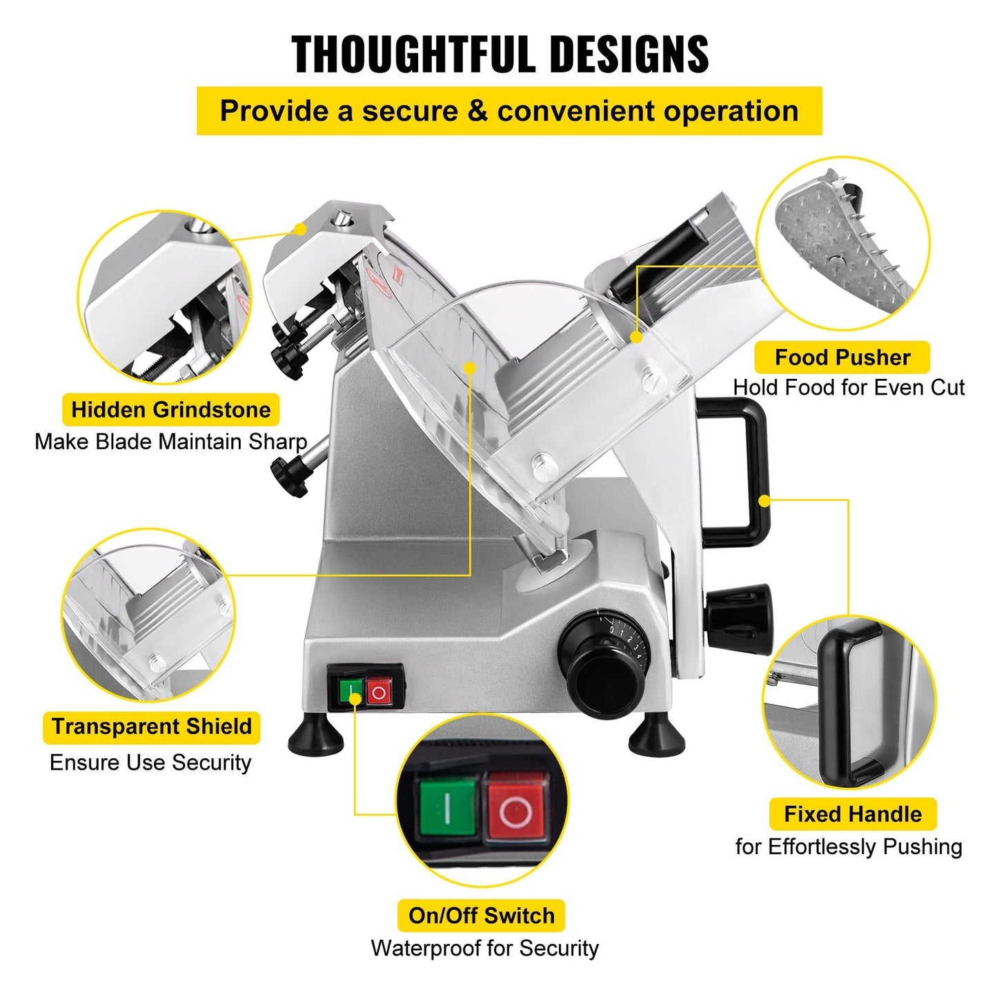 Electric Meat Slicer, 200W, 350-400RPM with 0-12mm Adjustable Thickness Blade