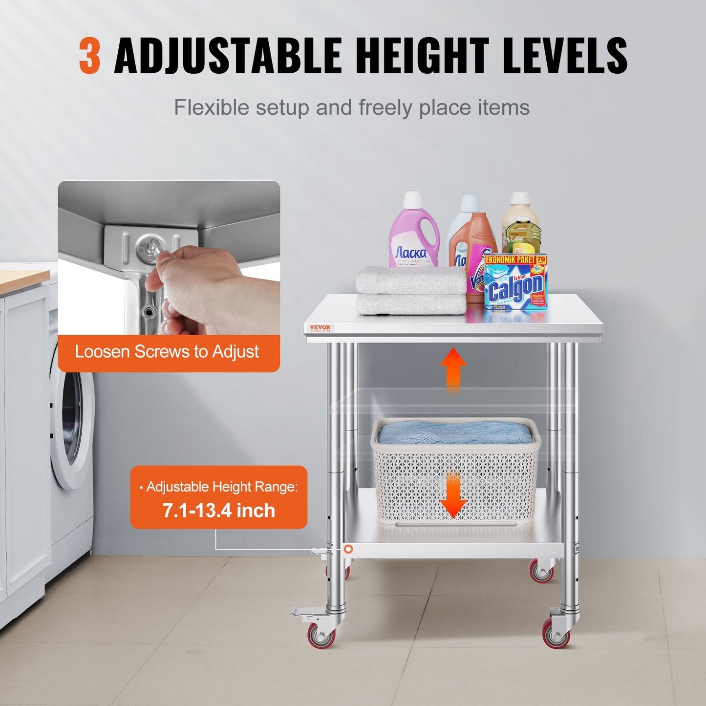 Stainless Steel Work Table with Wheels, 0.76 x 0.6 m, Adjustable Height, 318 kg Capacity