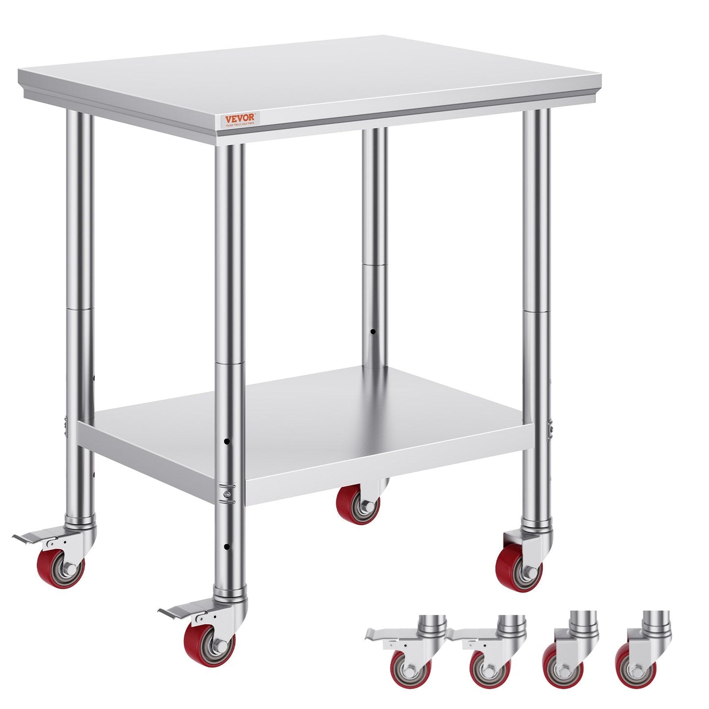 Stainless Steel Work Table with Wheels, 0.76 x 0.6 m, Adjustable Height, 318 kg Capacity