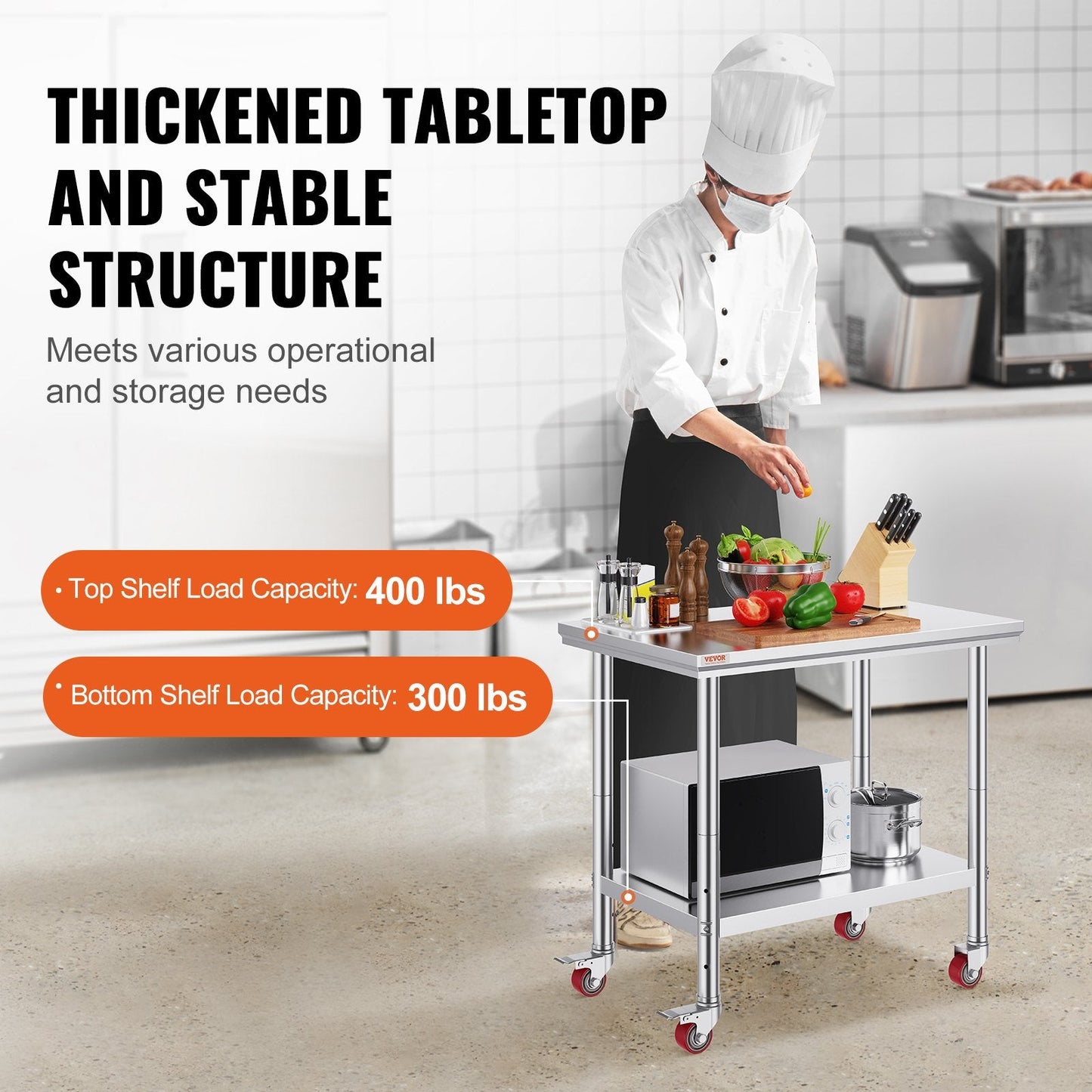 Stainless Steel Work Table with Wheels, 0.9x0.6m, Adjustable Height, 318kg Capacity