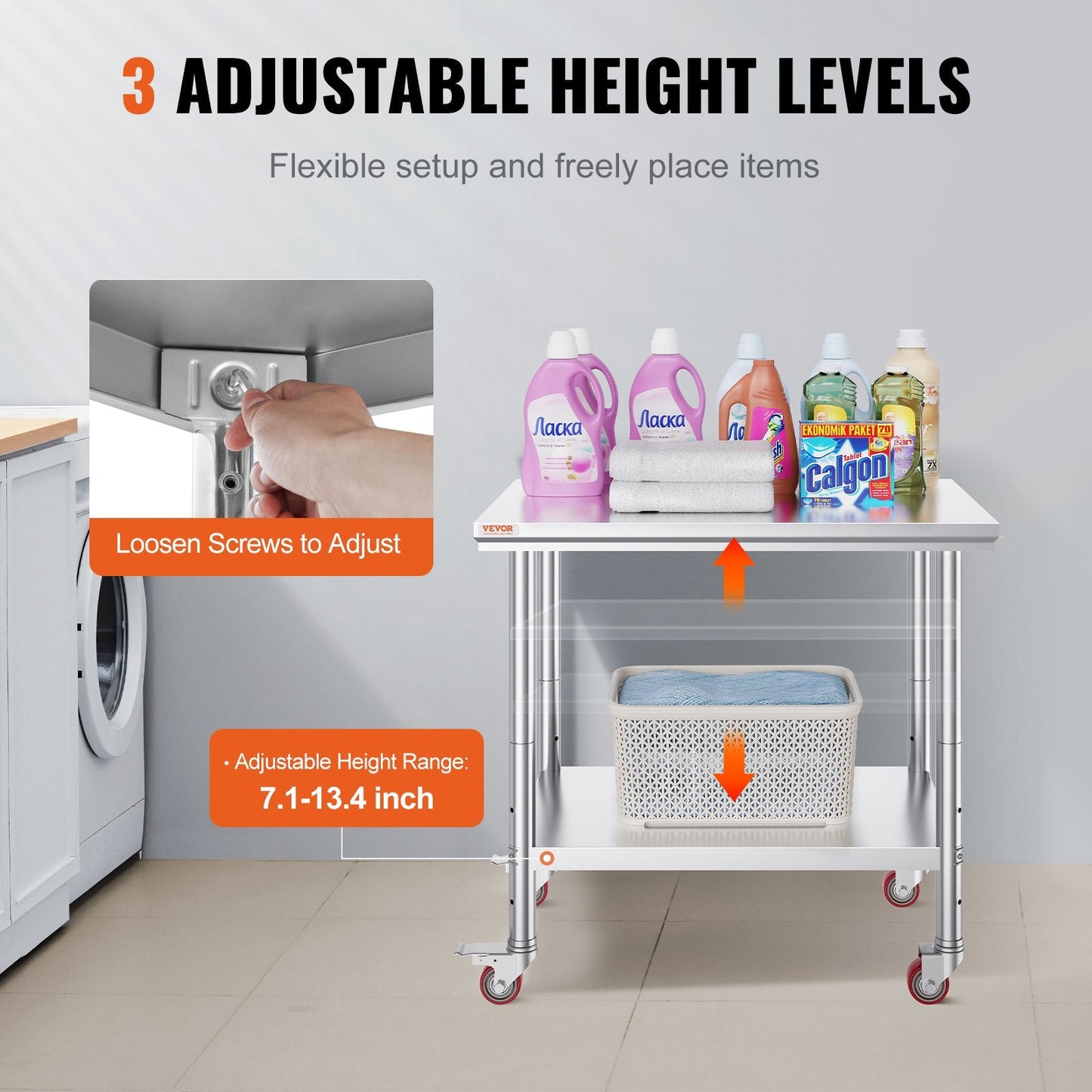 Stainless Steel Work Table with Wheels, 0.9x0.6m, Adjustable Height, 318kg Capacity