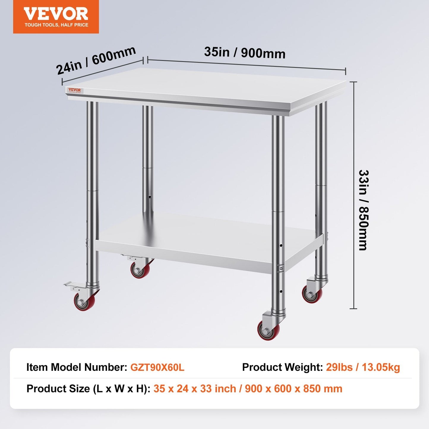 Stainless Steel Work Table with Wheels, 0.9x0.6m, Adjustable Height, 318kg Capacity
