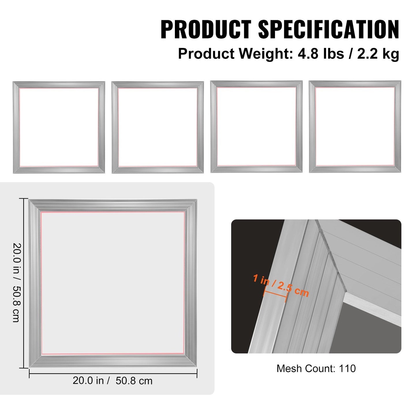 Silk Screen Printing Kit: 4 Aluminum Frames, 110 Mesh Count, 50.8x50.8 cm