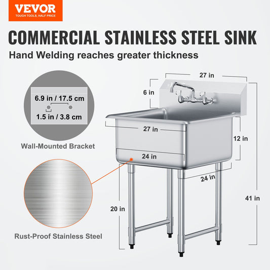 Stainless Steel Prep & Utility Sink, 1 Compartment Free Standing Small Sink Include Faucet & legs, 27"x41" Commercial Single Bowl Sinks for Garage, Restaurant, Kitchen, Laundry